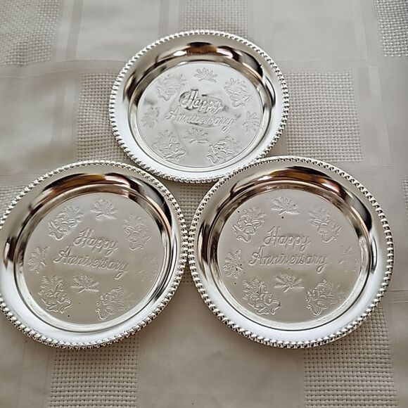 Happy Anniversary Pack Of 3 Small Steel Tray Silver 4.5" - Picture 2 of 16